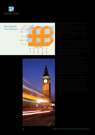 Manigent suggest that a sub-set of the identified
                                                                  k                                                           business drivers, called key drivers are used to
                                                               is
Risk Appetite               Annual

                      90 days                          o
                                                          f
                                                              r
                                                                                                                              provide a framework for articulating risk appetite
                                                   l
Time Horizons   overnight
                                         le
                                                ve
                                                                                                                              and to frame how it thinks about risk assessments
                  extreme
                                                                                                                              (Figure 3). Therefore key drivers serve as a lens
                                                                                                                              through which an organization views, discusses,
                                     level of risk




                    High
                                                                                                                              thinks about and assesses risk.
                Moderate
                                                                                                                              Once the key drivers have been selected and the
                                                                                                                              time horizon agreed, the various levels of risk taking
                     low
                                                                                                                              are defined by using common expressions of levels
                                                                               Type of risk                                   of risk – Low, Moderate, High etc., and providing
                                                                                                                              concrete definitions of what each level means to the
                                                     Credit




                                                                                                                              organization. In effect this becomes the basis of the
                                                                      Market




                                                                                   liquidity




                                                                                                             strategic
                                                                                               operational




                                                                                                                              organizational risk appetite statement.

                                                                                                                              It also becomes the basis for the risk assessment
                                                                                                                              process, because the same key drivers which are
                                                                                                                              used to define appetite are used to define how risk
                                                                                                                              will be assessed in the organization. For example,
                                                                                                                              if as suggested above Capital is a key driver for a
                                                                                                                              bank, when the risks faced by the bank are assessed,
                                                                                                                              they will be assessed on the basis of their impact on
                                                                                                                              Capital providing a Capital@Risk value.

                                                                                                                              Using a common set of key drivers for appetite and
                                                                                                                              the assessment process enables organizations to
                                                                                                                              align their risk exposure to appetite, thus creating
                                                                                                                              an environment where risk taking as measured by
                                                                                                                              risk exposure is managed in alignment with the
                                                                                                                              organizational strategy as expressed by strategic
                                                                                                                              objectives and the risk appetite for each objective.




                            8                                                                                            EMBEDDING RISK APPETITE WITHIN THE STRATEGY PROCESS
 