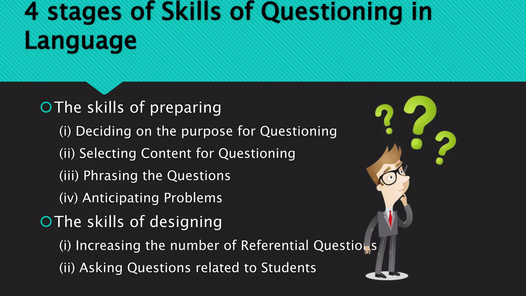 4 stages of Skills of Questioning in
Language
The skills of preparing
(i) Deciding on the purpose for Questioning
(ii) Selecting Content for Questioning
(iii) Phrasing the Questions
(iv) Anticipating Problems
The skills of designing
(i) Increasing the number of Referential Questions
(ii) Asking Questions related to Students
 