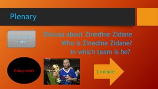Plenary
Discuss about Zinedine Zidane
Who is Zinedine Zidane?
In which team is he?
2 minuteGroup work
 