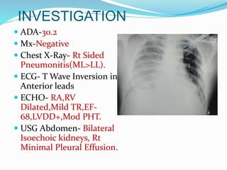 INVESTIGATION
 ADA-30.2
 Mx-Negative
 Chest X-Ray- Rt Sided
Pneumonitis(ML>LL).
 ECG- T Wave Inversion in
Anterior leads
 ECHO- RA,RV
Dilated,Mild TR,EF-
68,LVDD+,Mod PHT.
 USG Abdomen- Bilateral
Isoechoic kidneys, Rt
Minimal Pleural Effusion.
 