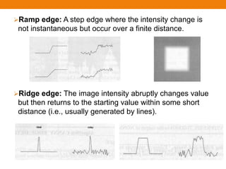 Ramp edge: A step edge where the intensity change is
not instantaneous but occur over a finite distance.
Ridge edge: The image intensity abruptly changes value
but then returns to the starting value within some short
distance (i.e., usually generated by lines).
 