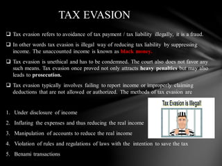 ❑ Tax evasion refers to avoidance of tax payment / tax liability illegally, it is a fraud.
❑ In other words tax evasion is illegal way of reducing tax liability by suppressing
income. The unaccounted income is known as black money.
❑ Tax evasion is unethical and has to be condemned. The court also does not favor any
such means. Tax evasion once proved not only attracts heavy penalties but may also
leads to prosecution.
❑ Tax evasion typically involves failing to report income or improperly claiming
deductions that are not allowed or authorized. The methods of tax evasion are
1. Under disclosure of income
2. Inflating the expenses and thus reducing the real income
3. Manipulation of accounts to reduce the real income
4. Violation of rules and regulations of laws with the intention to save the tax
5. Benami transactions
TAX EVASION
 