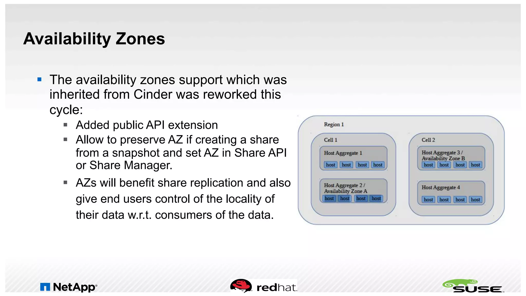Availability Zones
§  The availability zones support which was
inherited from Cinder was reworked this
cycle:
§  Added public API extension
§  Allow to preserve AZ if creating a share
from a snapshot and set AZ in Share API
or Share Manager.
§  AZs will benefit share replication and also
give end users control of the locality of
their data w.r.t. consumers of the data.
 