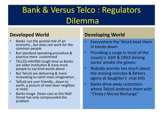 Bank & Versus Telco : Regulators
                   Dilemma
Developed World                              Developing World
•   Banks run the pivotal role of an         • Everywhere the TelcoS beat them
    economy , but does not work for the
    common people                              in hands down
•   But standard operating procedure &       • Providing a surge in most of the
    practice more customised                   county’s GDP & ONLY shining
•   TELCOs HAVING tough time as Banks          sector amidst the gloom.
    are older institution & have more
    people to say kind words about .         • Nobody worries too much about
•   But TelcoS are delivering & more           the missing minutes & fathers
    innovating to catch mass imagination .     agony at daughter’s chat bills
•   TellcoS are user friendly , down to
    earth, a picture of next door neighbor   • Banks drive away customers
    in need.                                   where TelcoS embrace them with
•   Banks image Down cast as the Wall          “Chota ( Micro) Recharge”
    Street has only compounded the
    problem
 