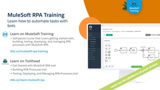 MuleSoft RPA Training
Learn how to automate tasks with
bots
Learn on MuleSoft Training
• Self-paced course that covers getting started with,
building, testing, deploying, and managing RPA
processes with MuleSoft RPA
sfdc.co/mulesoft-rpa-training
Learn on Trailhead
• Get Started with MuleSoft RPA trail
• Building RPA Processes trail
• Testing, Deploying, and Managing RPA Processes trail
sfdc.co/learn-mulesoft-rpa
MuleSoft
Training
Learn on the platform
of your choice
 