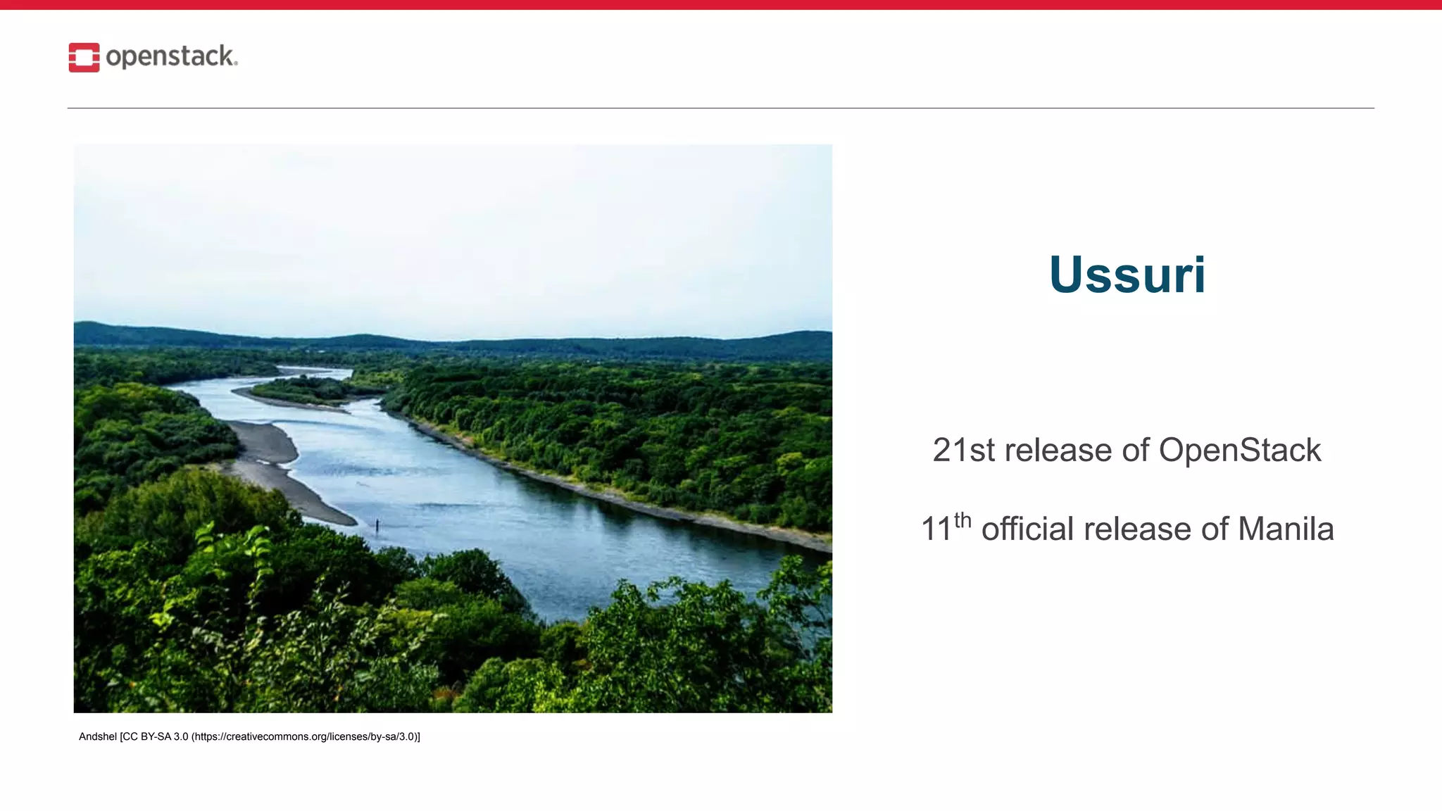21st release of OpenStack
11th
official release of Manila
Andshel [CC BY-SA 3.0 (https://creativecommons.org/licenses/by-sa/3.0)]
Ussuri
 