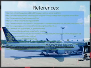 References:
•http://jet-airline.blogspot.com/2011/06/singapore-airlines-world-best.html
•http://www.traveldealsfinder.com/singapore-stopover-holiday-package-from-singapore-airlines.html
•http://chuvaness.com/tag/singapore-airlines/
•http://www.tropicalisland.de/singapore.html
•http://www.mynetbizz.com/pages/f1-singapore-gp/f1-singapore-hotel81-tristar-package-from-manila.cfm
•http://www.gov.sg/government/web/content/govsg/classic/about_us
•http://www.ne.edu.sg/principles_of_governance.htm
•http://info.worldbank.org/governance/wgi/sc_chart.asp
•http://www.mjlasolutions.com/Governance%20Challenges%20and%20Lessons%20fro%20Singapore.pdf
•http://i.ytimg.com/vi/6FTh3ykorTE/0.jpg
•http://i.ytimg.com/vi/NZ6fWUb75qk/0.jpg
•http://www.losangelescondos.net/wpcontent/uploads/2010/06/Invest-2.jpg
•http://img.ezinemark.com/imagemanager2/files/30004252/2011/07/2011-07-05-1105-38-4-in-2009-
hong-kong-ranked-no-12-and-in-2010-it-ra.jpeg
•http://hrrca.org/system/files/u6/RoLForeign%20Dignitaries%20and%20Governing%20Board.jpg
•http://www.eastasiaforum.org/2011/05/12/reflections-on-the-singapore-general-election/
•http://www.icdsecurity.com/events/2012/3/14/icd-grows-operations-in-singapore.html
 