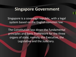 Singapore Government
Singapore is a sovereign republic, with a legal
 system based on the English common law.

The Constitution lays down the fundamental
principles and basic framework for the three
 organs of state, namely, the Executive, the
        Legislative and the Judiciary.
 