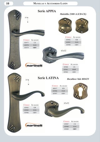 10 
Ø50 
265 
Código Aca bado 
05977 CS 
05978 FAN 
05979 OBV 
Serie APPIA 
Código Aca bado 
05983 CS 
05985 FAN 
05986 OBV 
Código Aca bado 
05980 CS 
05981 FAN 
05982 OBV 
Código Aca bado 
05987 CS 
05988 FAN 
05989 OBV 
Código Aca bado 
05992 CS 
05991 FAN 
05990 OBV 
Muletilla 2300+A (CD-CE) 
Bocallave Yale BO42Y 
Código Aca bado 
08937 CS 
05996 FAN 
05997 OBV 
63x52 
63x52 
265 
Manillas y Accesorios Latón 
Serie LATINA 
 