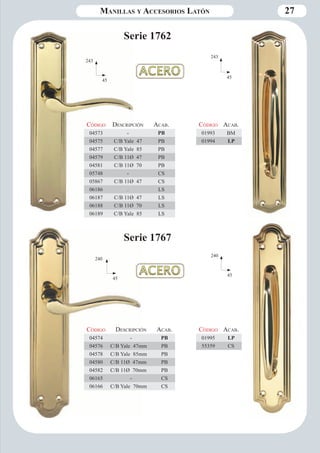 Manillas y Accesorios Latón 27 
243 
45 
Código Descripción Aca b. 
04573 - PB 
04575 C/B Yale 47 PB 
04577 C/B Yale 85 PB 
04579 C/B 11Ø 47 PB 
04581 C/B 11Ø 70 PB 
05748 - CS 
05867 C/B 11Ø 47 CS 
06186 . LS 
06187 C/B 11Ø 47 LS 
06188 C/B 11Ø 70 LS 
06189 C/B Yale 85 LS 
243 
45 
Serie 1762 
Código Aca b. 
01993 BM 
01994 LP 
240 
45 
Código Aca b. 
01995 LP 
55359 CS 
Código Descripción Aca b. 
04574 - PB 
04576 C/B Yale 47mm PB 
04578 C/B Yale 85mm PB 
04580 C/B 11Ø 47mm PB 
04582 C/B 11Ø 70mm PB 
06165 - CS 
06166 C/B Yale 70mm CS 
240 
45 
Serie 1767 
 