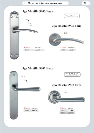 Manillas y Accesorios Aluminio 31 
Jgo Manilla 5903 Faus 
Código Descripc. 
05916 ALNS 
251 
49 
Código Aca bado 
03392 ALNS 
Ø50 
244 
38 
Código Aca b. 
04851 ZKNS 
04853 ZKCM 
Código Aca b. 
03900 ZKCM 
Ø50 
Jgo Roseta 5903 Faus 
Jgo Manilla 5902 Enzo 
Jgo Roseta 5902 Enzo 
 