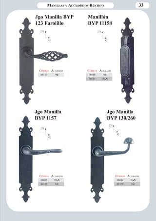 Manillas y Accesorios Rústico 33 
Jgo Manilla BYP 
123 Farolillo 
275 
42 
Código Aca bado 
05177 NE 
Jgo Manilla 
BYP 1157 
Código Aca bado 
08693 FAN 
00122 NE 
275 
42 
Jgo Manilla 
BYP 130/260 
Código Aca bado 
08694 FAN 
05379 NE 
275 
42 
Manillón 
BYP 11158 
Código Aca bado 
00110 NE 
08634 FAN 
275 
42 
 