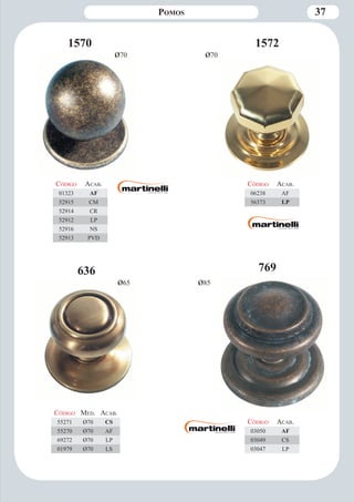 Pomos 37 
1570 
ø70 ø70 
1572 
Código Aca b. 
01323 AF 
52915 CM 
52914 CR 
52912 LP 
52916 NS 
52913 PVD 
Código Aca b. 
06238 AF 
56373 LP 
636 
ø65 
Código Med. Aca b. 
55271 Ø70 CS 
55270 Ø70 AF 
69272 Ø70 LP 
01979 Ø70 LS 
769 
ø85 
Código Aca b. 
03050 AF 
03049 CS 
03047 LP 
 