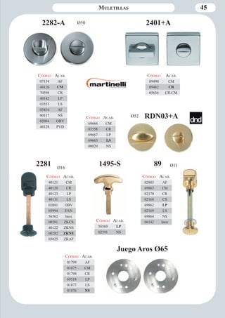 Muletillas 45 
RDN03+A 
2282-A 
Ø52 
Ø50 
Código Aca b. 
69666 CM 
03558 CR 
69667 LP 
69665 LS 
00020 NS 
Código Aca b. 
07134 AF 
40126 CM 
70598 CR 
40142 LP 
03553 LS 
05416 AF 
00117 NS 
02084 OBV 
40128 PVD 
2281 1495-S 89 
Código Aca b. 
58569 LP 
02391 NS 
Código Aca b. 
02803 AF 
69863 CM 
02170 CR 
02168 CS 
69862 LP 
02169 LS 
69864 NS 
06142 Inox 
Código Aca b. 
40121 CM 
40120 CR 
40123 LP 
40131 LS 
02081 OBV 
05994 FAN 
56562 Inox 
00281 ZKCS 
40122 ZKNS 
00282 ZKNE 
03825 ZKAF 
Ø16 Ø11 
Juego Aros Ø65 
Código Aca b. 
01799 AF 
01875 CM 
01798 CR 
69518 LP 
01877 LS 
01876 NS 
2401+A 
Código Aca b. 
09490 CM 
09482 CR 
05636 CR-CM 
 
