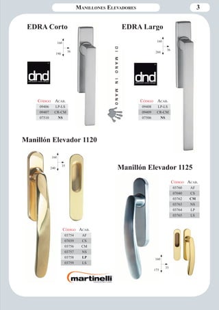 Manillones Elevadores 3 
Manillón Elevador 1120 
Manillón Elevador 1125 
Código Aca b. 
03760 AF 
07040 CS 
03762 CM 
03763 NS 
03764 LP 
03765 LS 
Código Aca b. 
03754 AF 
07039 CS 
03756 CM 
03757 NS 
03758 LP 
03759 LS 
160 
35 
240 
160 
35 
175 
EDRA Largo 
Código Aca b. 
09408 LP-LS 
09409 CR-CM 
07506 NS 
EDRA Corto 
160 
36 
190 
160 
36 
260 
Código Aca b. 
09406 LP-LS 
09407 CR-CM 
07510 NS 
 