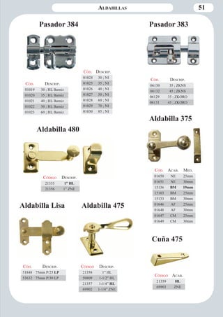 51 
Aldabilla Lisa Aldabilla 475 
Aldabilla 375 
Aldabilla 480 
Cuña 475 
Cód. Descrip. 
51848 75mm P/25 LP 
53632 75mm P/30 LP 
Cód. Aca b. Med. 
01650 NE 25mm 
01651 NE 30mm 
15136 BM 19mm 
15103 BM 25mm 
15133 BM 30mm 
01646 AF 25mm 
01648 AF 30mm 
01647 CM 25mm 
01649 CM 30mm 
Código Aca b. 
21359 HL 
69903 ZNE 
Código Descrip. 
21355 1” HL 
21356 1” ZNE 
Código Descrip. 
21358 1” HL 
50809 1-1/2” HL 
21357 1-1/4” HL 
69902 1-1/4” ZNE 
Aldabillas 
Pasador 384 
Cód. Descrip. 
01019 30 ; HL Barniz 
01020 35 ; HL Barniz 
01021 40 ; HL Barniz 
01022 50 ; HL Barniz 
01023 60 ; HL Barniz 
Cód. Descrip. 
06130 35 ; ZKNS 
06132 45 ; ZKNS 
06129 35 ; ZKORO 
06131 45 ; ZKORO 
Pasador 383 
Cód. Descrip. 
01024 30 ; NI 
01025 35 ; NI 
01026 40 ; NI 
01027 50 ; NI 
01028 60 ; NI 
01029 70 ; NI 
01030 85 ; NI 
 