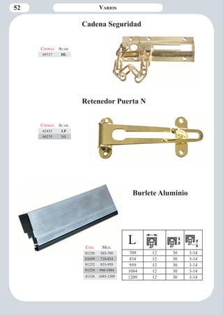 52 Varios 
Retenedor Puerta N 
Cadena Seguridad 
Código Aca b. 
69717 HL 
Código Aca b. 
62433 LP 
09275 NS 
Burlete Aluminio 
L 
709 12 30 3-14 
834 12 30 3-14 
959 12 30 3-14 
1084 12 30 3-14 
1209 12 30 3-14 
Cód. Med. 
01250 585-709 
65699 710-834 
01252 835-959 
01254 960-1084 
41326 1085-1209 
