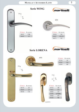 7 
Serie WING 
250 
40 
Ø50 
Código Aca bado 
40101 CM 
56410 LP 
Código Aca bado 
05626 NS 
05627 CR/CM 
00171 LP 
Manillas y Accesorios Latón 
250 
40 
Ø50 
65 
123 29 
Código Aca bado 
01324 AF 
03562 CM 
61054 LP 
Código Aca bado 
00178 AF 
60630 LP 
00180 CM 
Serie LORENA 
Código Aca bado 
69733 AF 
70832 CM 
56942 LP 
02998 LP (601) 
05868 CS 
06366 NS 
(mod.601) 
 
