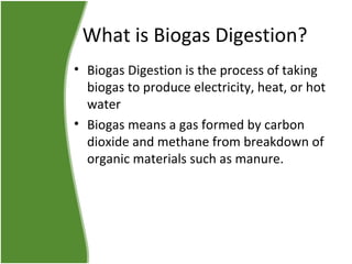 What is Biogas Digestion?
• Biogas Digestion is the process of taking
biogas to produce electricity, heat, or hot
water
• Biogas means a gas formed by carbon
dioxide and methane from breakdown of
organic materials such as manure.

 