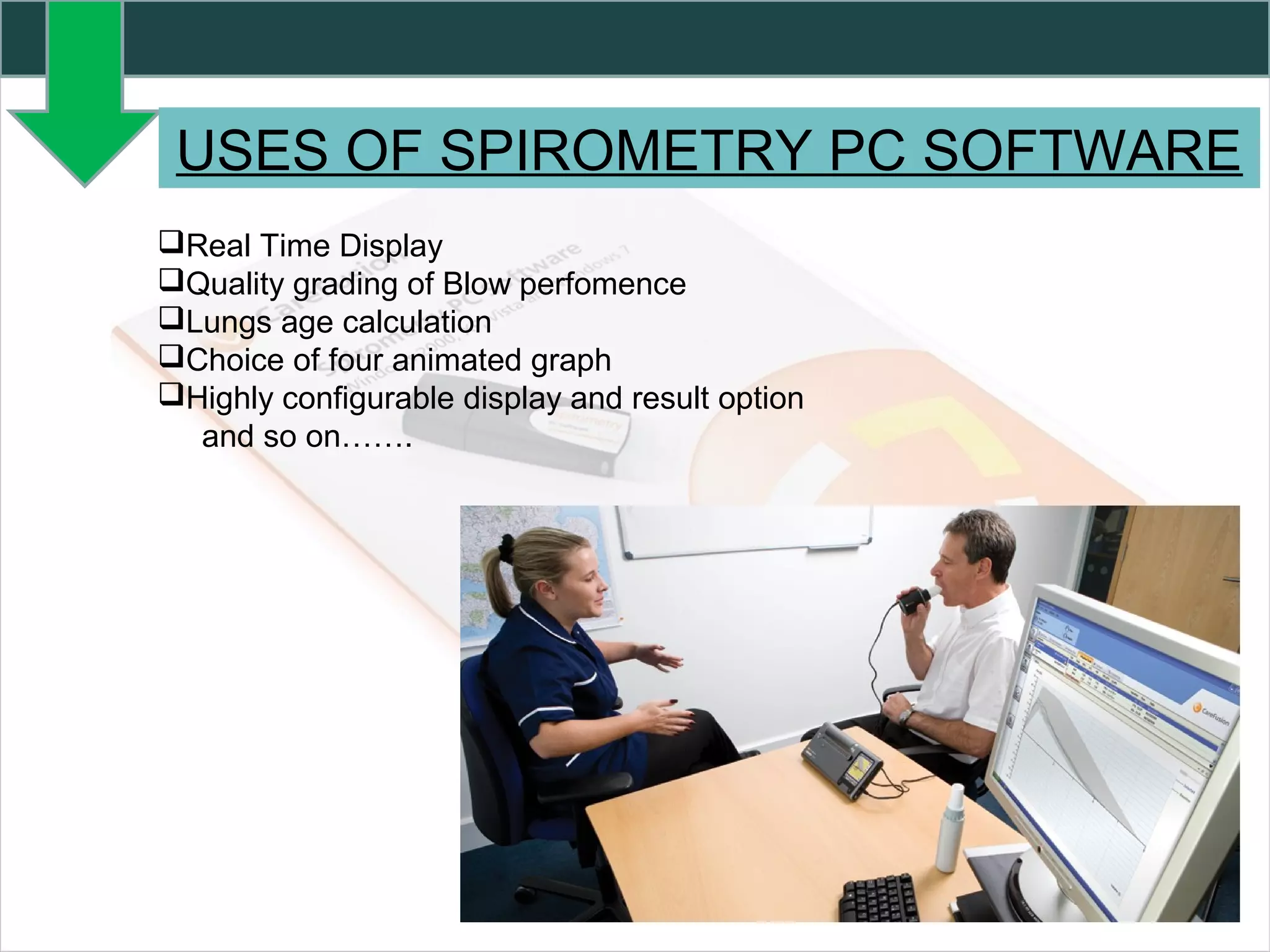 USES OF SPIROMETRY PC SOFTWARE
Real Time Display
Quality grading of Blow perfomence
Lungs age calculation
Choice of four animated graph
Highly configurable display and result option
and so on…….
 