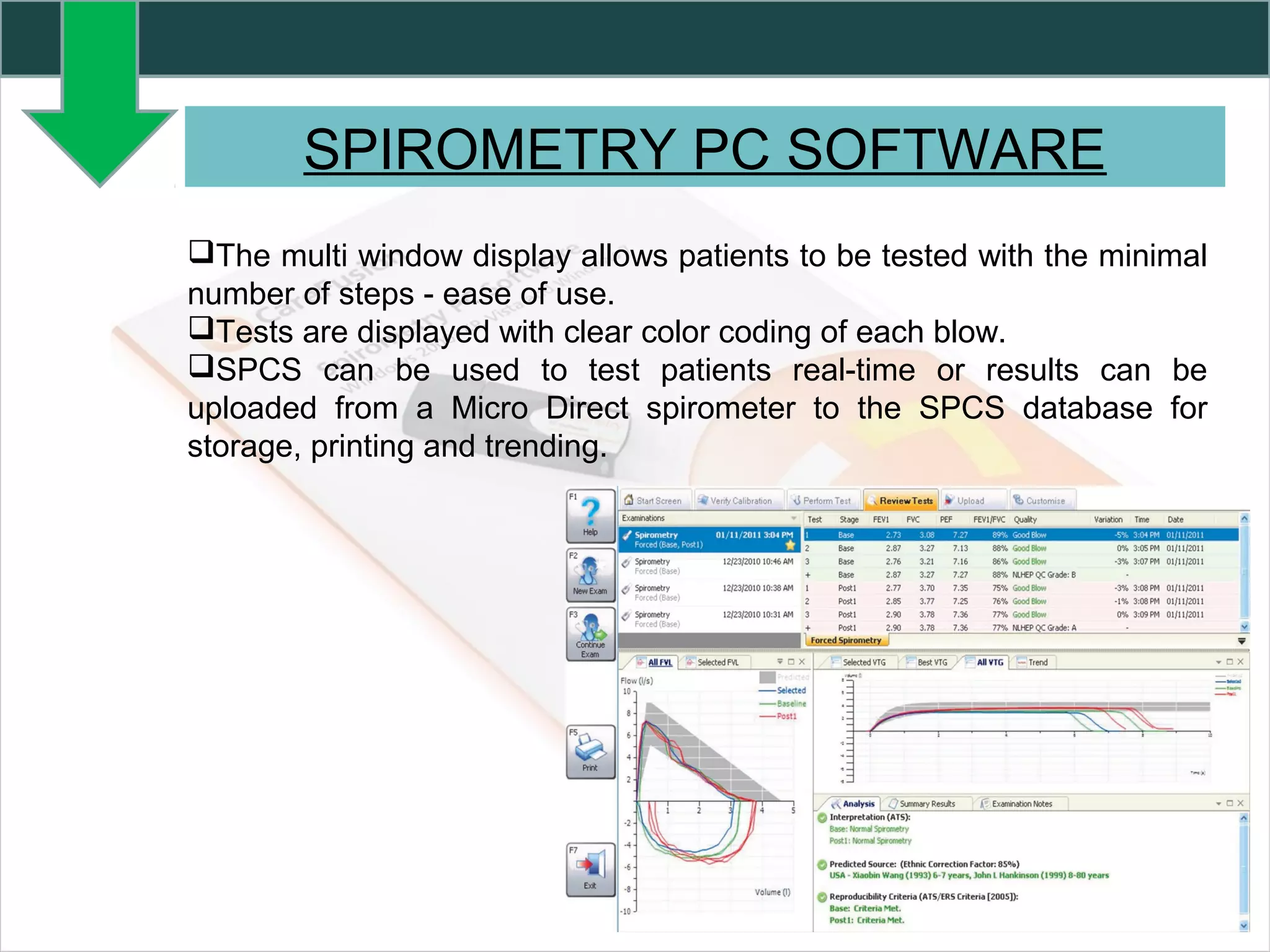 SPIROMETRY PC SOFTWARE
The multi window display allows patients to be tested with the minimal
number of steps - ease of use.
Tests are displayed with clear color coding of each blow.
SPCS can be used to test patients real-time or results can be
uploaded from a Micro Direct spirometer to the SPCS database for
storage, printing and trending.
 