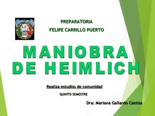 PREPARATORIA
FELIPE CARRILLO PUERTO

Realiza estudios de comunidad
QUINTO SEMESTRE

Dra: Mariana Gallardo Cantúa

 