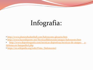 Infografia:
• http://www.planetabasketball.com/baloncesto-glosario.htm
• http://www.hacerdeporte.net/TecnicasBaloncesto/ataque-baloncesto.htm
• http://www.deportesgratis.com/tecnicas-deportivas/tecnicas-de-ataque- y-
defensa-en-basquetbol.php
• https://es.wikipedia.org/wiki/Finta_(baloncesto)
 