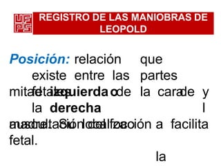 REGISTRO DE LAS MANIOBRAS DE
LEOPOLD
Posición: relación que
existe entre las partes
fetales de la cara y
la
mitad izquierdao
derecha
madre. Su localización
de
l
a facilita
la
auscultación del foco
fetal.
 