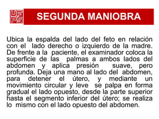 SEGUNDA MANIOBRA
Ubica la espalda del lado del feto en relación
con el lado derecho o izquierdo de la madre.
De frente a la paciente, el examinador coloca la
superficie de las palmas a ambos lados del
abdomen y aplica presión suave, pero
profunda. Deja una mano al lado del abdomen,
para detener el útero, y mediante un
movimiento circular y leve se palpa en forma
gradual el lado opuesto, desde la parte superior
hasta el segmento inferior del útero; se realiza
lo mismo con el lado opuesto del abdomen.
 