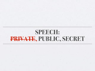 SPEECH:
PRIVATE, PUBLIC, SECRET

 