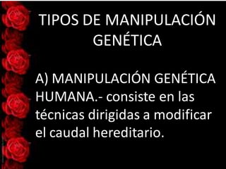 TIPOS DE MANIPULACIÓN
GENÉTICA
A) MANIPULACIÓN GENÉTICA
HUMANA.- consiste en las
técnicas dirigidas a modificar
el caudal hereditario.
 