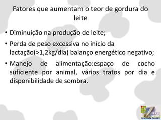 Fatores que aumentam o teor de gordura do
leite
• Diminuição na produção de leite;
• Perda de peso excessiva no início da
lactação(>1,2kg/dia) balanço energético negativo;
• Manejo de alimentação:espaço de cocho
suficiente por animal, vários tratos por dia e
disponibilidade de sombra.
 