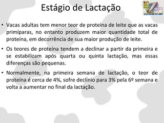 Estágio de Lactação
• Vacas adultas tem menor teor de proteína de leite que as vacas
primíparas, no entanto produzem maior quantidade total de
proteína, em decorrência de sua maior produção de leite.
• Os teores de proteína tendem a declinar a partir da primeira e
se estabilizam após quarta ou quinta lactação, mas essas
diferenças são pequenas.
• Normalmente, na primeira semana de lactação, o teor de
proteína é cerca de 4%, sofre declínio para 3% pela 6º semana e
volta a aumentar no final da lactação.
 