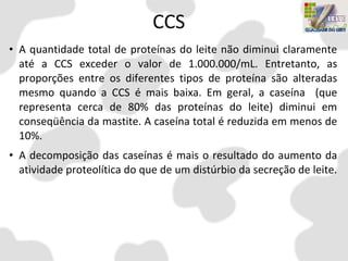 CCS
• A quantidade total de proteínas do leite não diminui claramente
até a CCS exceder o valor de 1.000.000/mL. Entretanto, as
proporções entre os diferentes tipos de proteína são alteradas
mesmo quando a CCS é mais baixa. Em geral, a caseína (que
representa cerca de 80% das proteínas do leite) diminui em
conseqüência da mastite. A caseína total é reduzida em menos de
10%.
• A decomposição das caseínas é mais o resultado do aumento da
atividade proteolítica do que de um distúrbio da secreção de leite.
 