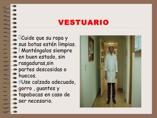 Cuide que su ropa y sus botas estén limpias. Manténgalos siempre en buen estado, sin rasgaduras,sin partes descosidas o huecos.  Use calzado adecuado, gorro , guantes y tapabocas en caso de ser necesario. VESTUARIO 