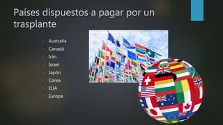 Países dispuestos a pagar por un
trasplante
• Australia
• Canadá
• Irán
• Israel
• Japón
• Corea
• EUA
• Europa
 