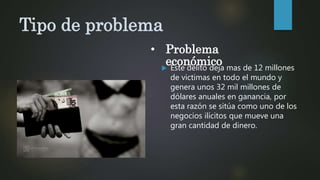 Tipo de problema
 Este delito deja mas de 12 millones
de victimas en todo el mundo y
genera unos 32 mil millones de
dólares anuales en ganancia, por
esta razón se sitúa como uno de los
negocios ilícitos que mueve una
gran cantidad de dinero.
• Problema
económico
 