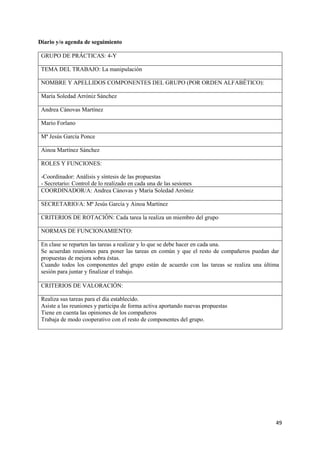 49
Diario y/o agenda de seguimiento
GRUPO DE PRÁCTICAS: 4-Y
TEMA DEL TRABAJO: La manipulación
NOMBRE Y APELLIDOS COMPONENTES DEL GRUPO (POR ORDEN ALFABÉTICO):
María Soledad Arróniz Sánchez
Andrea Cánovas Martínez
Mario Forlano
Mª Jesús García Ponce
Ainoa Martínez Sánchez
ROLES Y FUNCIONES:
-Coordinador: Análisis y síntesis de las propuestas
- Secretario: Control de lo realizado en cada una de las sesiones
COORDINADOR/A: Andrea Cánovas y María Soledad Arróniz
SECRETARIO/A: Mª Jesús García y Ainoa Martínez
CRITERIOS DE ROTACIÓN: Cada tarea la realiza un miembro del grupo
NORMAS DE FUNCIONAMIENTO:
En clase se reparten las tareas a realizar y lo que se debe hacer en cada una.
Se acuerdan reuniones para poner las tareas en común y que el resto de compañeros puedan dar
propuestas de mejora sobra éstas.
Cuando todos los componentes del grupo están de acuerdo con las tareas se realiza una última
sesión para juntar y finalizar el trabajo.
CRITERIOS DE VALORACIÓN:
Realiza sus tareas para el día establecido.
Asiste a las reuniones y participa de forma activa aportando nuevas propuestas
Tiene en cuenta las opiniones de los compañeros
Trabaja de modo cooperativo con el resto de componentes del grupo.
 