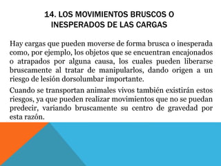 14. LOS MOVIMIENTOS BRUSCOS O 
INESPERADOS DE LAS CARGAS 
Hay cargas que pueden moverse de forma brusca o inesperada 
como, por ejemplo, los objetos que se encuentran encajonados 
o atrapados por alguna causa, los cuales pueden liberarse 
bruscamente al tratar de manipularlos, dando origen a un 
riesgo de lesión dorsolumbar importante. 
Cuando se transportan animales vivos también existirán estos 
riesgos, ya que pueden realizar movimientos que no se puedan 
predecir, variando bruscamente su centro de gravedad por 
esta razón. 
 