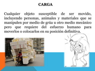 CARGA 
Cualquier objeto susceptible de ser movido, 
incluyendo personas, animales y materiales que se 
manipulen por medio de grúa u otro medio mecánico 
pero que requiere del esfuerzo humano para 
moverlos o colocarlos en su posición definitiva. 
 