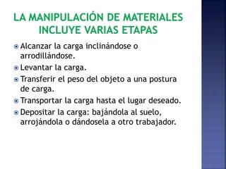  Alcanzar la carga inclinándose o
arrodillándose.
 Levantar la carga.
 Transferir el peso del objeto a una postura
de carga.
 Transportar la carga hasta el lugar deseado.
 Depositar la carga: bajándola al suelo,
arrojándola o dándosela a otro trabajador.
 