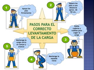 2
1 Apoya los
pies
firmemente
4
5
3
Mantenga la
carga cerca
al cuerpo y
avance
Mantenga la
espalda
recta
Dobla
caderas y
rodillas para
coger la
carga
Separa los
pies a una
distancia
aprox. de
50 cm.
 
