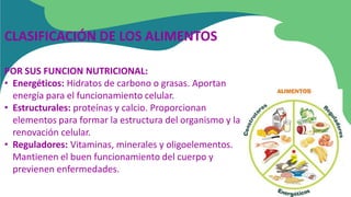 POR SUS FUNCION NUTRICIONAL:
• Energéticos: Hidratos de carbono o grasas. Aportan
energía para el funcionamiento celular.
• Estructurales: proteínas y calcio. Proporcionan
elementos para formar la estructura del organismo y la
renovación celular.
• Reguladores: Vitaminas, minerales y oligoelementos.
Mantienen el buen funcionamiento del cuerpo y
previenen enfermedades.
CLASIFICACIÓN DE LOS ALIMENTOS
 