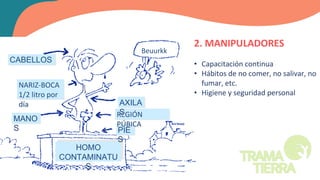 HOMO
CONTAMINATU
S
CABELLOS
NARIZ-BOCA
1/2 litro por
día
PIE
S
REGIÓN
PÚBICA
AXILA
S
MANO
S
Beuurkk
!!
2. MANIPULADORES
• Capacitación continua
• Hábitos de no comer, no salivar, no
fumar, etc.
• Higiene y seguridad personal
 