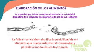 La seguridad que brinda la cadena alimentaria en su totalidad
dependerá de la seguridad que aportan cada uno de sus eslabones
La falla en un eslabón significa la posibilidad de un
alimento que puede enfermar al consumidor y
pérdidas económicas en la empresa.
ELABORACIÓN DE LOS ALIMENTOS
 