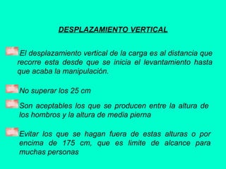 DESPLAZAMIENTO VERTICAL
El desplazamiento vertical de la carga es al distancia que
recorre esta desde que se inicia el levantamiento hasta
que acaba la manipulación.
No superar los 25 cm
Son aceptables los que se producen entre la altura de
los hombros y la altura de media pierna
Evitar los que se hagan fuera de estas alturas o por
encima de 175 cm, que es limite de alcance para
muchas personas
 