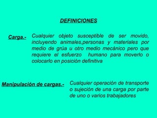 DEFINICIONES
Carga.- Cualquier objeto susceptible de ser movido,
incluyendo animales,personas y materiales por
medio de grúa u otro medio mecánico pero que
requiere el esfuerzo humano para moverlo o
colocarlo en posición definitiva
Manipulación de cargas.- Cualquier operación de transporte
o sujeción de una carga por parte
de uno o varios trabajadores
 