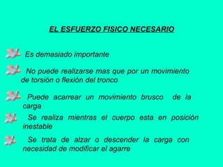 EL ESFUERZO FISICO NECESARIO
Es demasiado importante
No puede realizarse mas que por un movimiento
de torsión o flexión del tronco
Puede acarrear un movimiento brusco de la
carga
Se realiza mientras el cuerpo esta en posición
inestable
Se trata de alzar o descender la carga con
necesidad de modificar el agarre
 