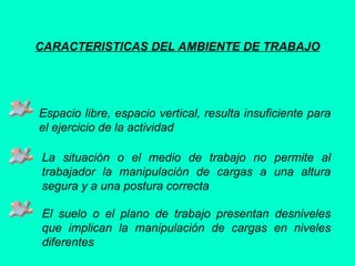 CARACTERISTICAS DEL AMBIENTE DE TRABAJO
Espacio libre, espacio vertical, resulta insuficiente para
el ejercicio de la actividad
La situación o el medio de trabajo no permite al
trabajador la manipulación de cargas a una altura
segura y a una postura correcta
El suelo o el plano de trabajo presentan desniveles
que implican la manipulación de cargas en niveles
diferentes
 