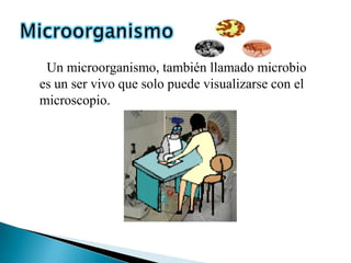 Un microorganismo, también llamado microbio
es un ser vivo que solo puede visualizarse con el
microscopio.
 